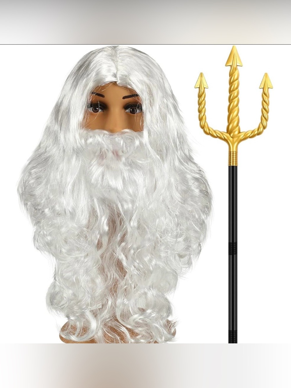 Neptune Merman Cosplay White Curly Wig and Beard Gold Trident Prop for Men Adult